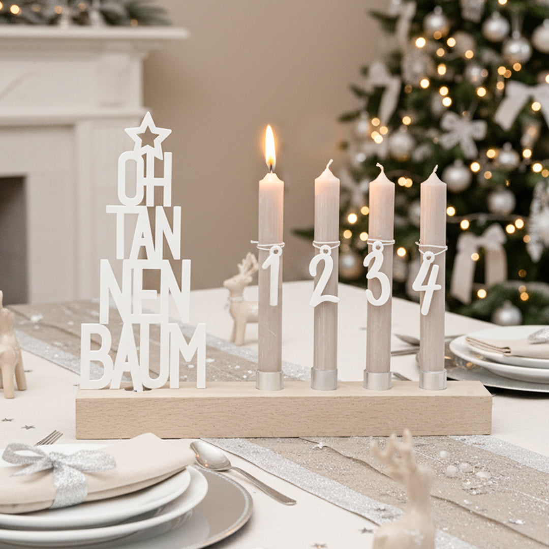 Adventskranz modern aus Holz Kerzenhalter Set länglich Adventsleiste mit Kerzen Oh Tannenbaum - weiß
