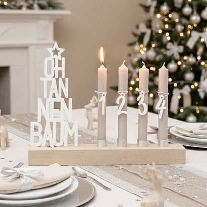 Adventskranz modern aus Holz Kerzenhalter Set länglich Adventsleiste mit Kerzen Oh Tannenbaum - weiß
