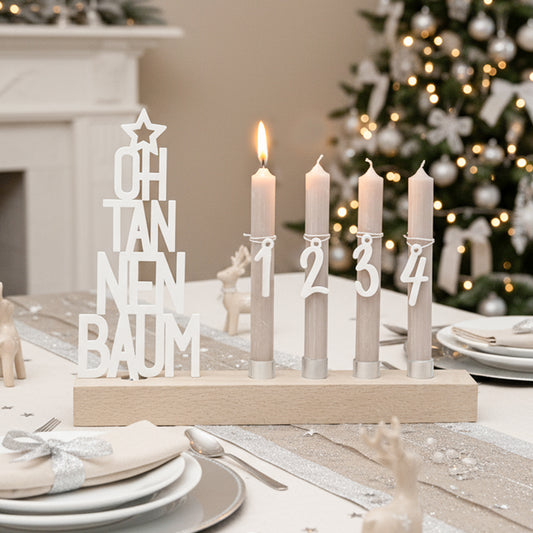 Adventskranz modern aus Holz Kerzenhalter Set länglich Adventsleiste mit Kerzen Oh Tannenbaum - weiß