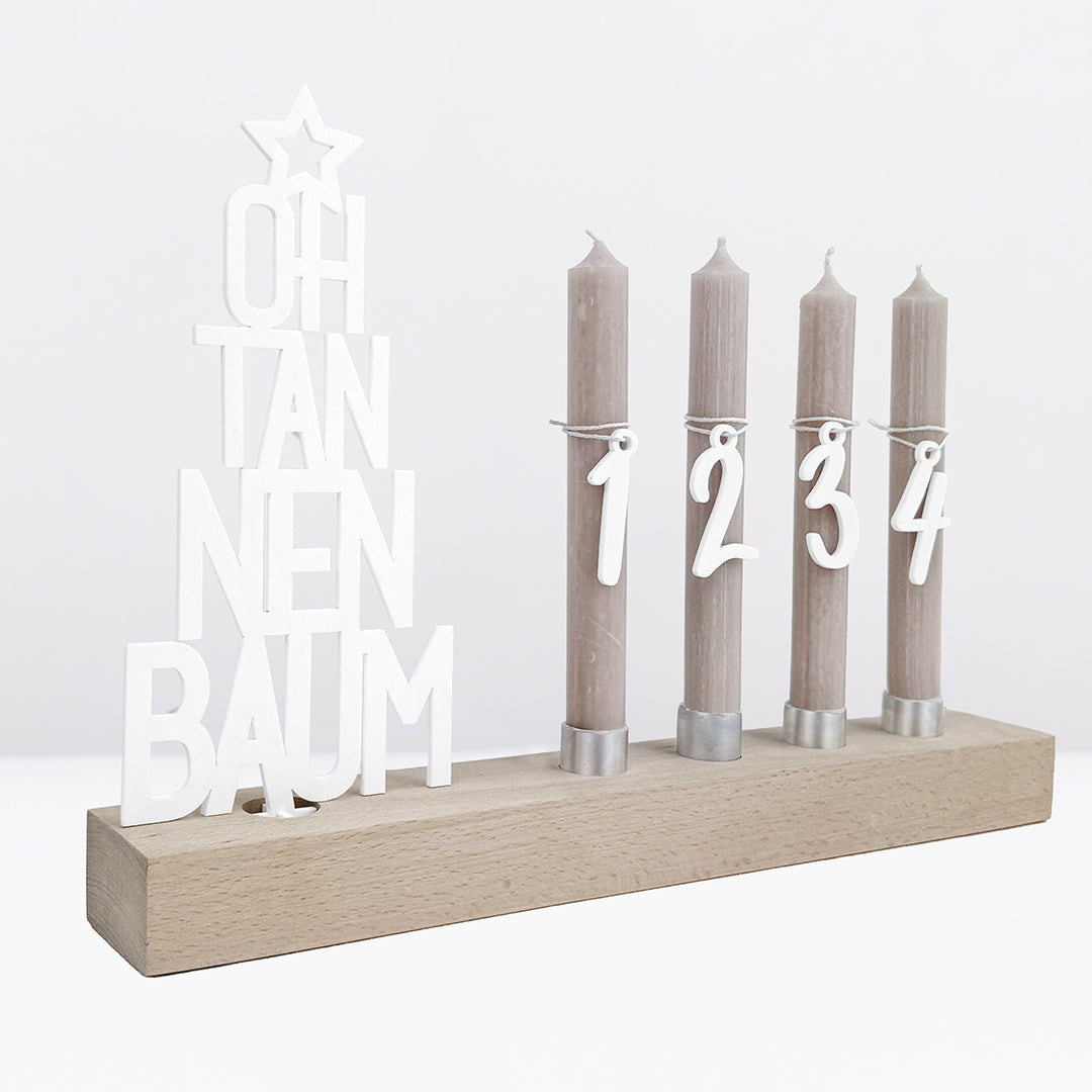 Adventskranz modern aus Holz Kerzenhalter Set länglich Adventsleiste mit Kerzen Oh Tannenbaum - weiß