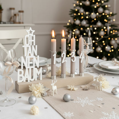 Adventskranz modern aus Holz Kerzenhalter Set länglich Adventsleiste mit Kerzen Oh Tannenbaum - weiß