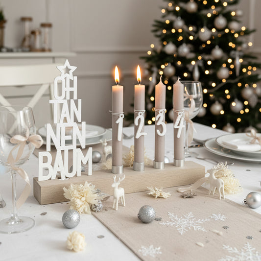 Adventskranz modern aus Holz Kerzenhalter Set länglich Adventsleiste mit Kerzen Oh Tannenbaum - weiß