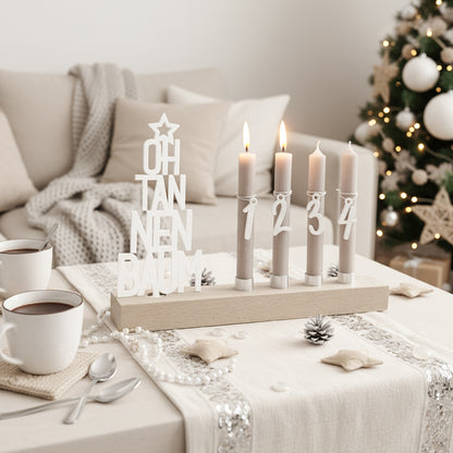 Adventskranz modern aus Holz Kerzenhalter Set länglich Adventsleiste mit Kerzen Oh Tannenbaum - weiß