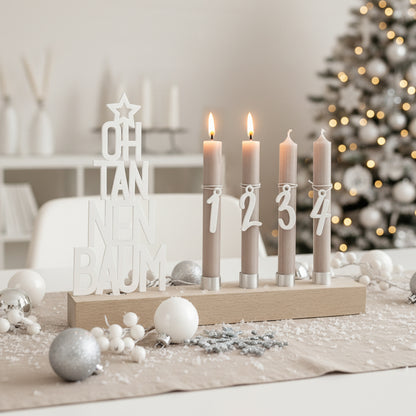 Adventskranz modern aus Holz Kerzenhalter Set länglich Adventsleiste mit Kerzen Oh Tannenbaum - weiß