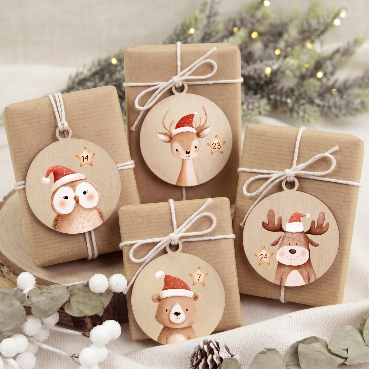 24 Adventskalender Anhänger aus Holz 1-24 Holzanhänger DIY Adventskalender Selbst Befüllen für Kinder – Tierzauber
