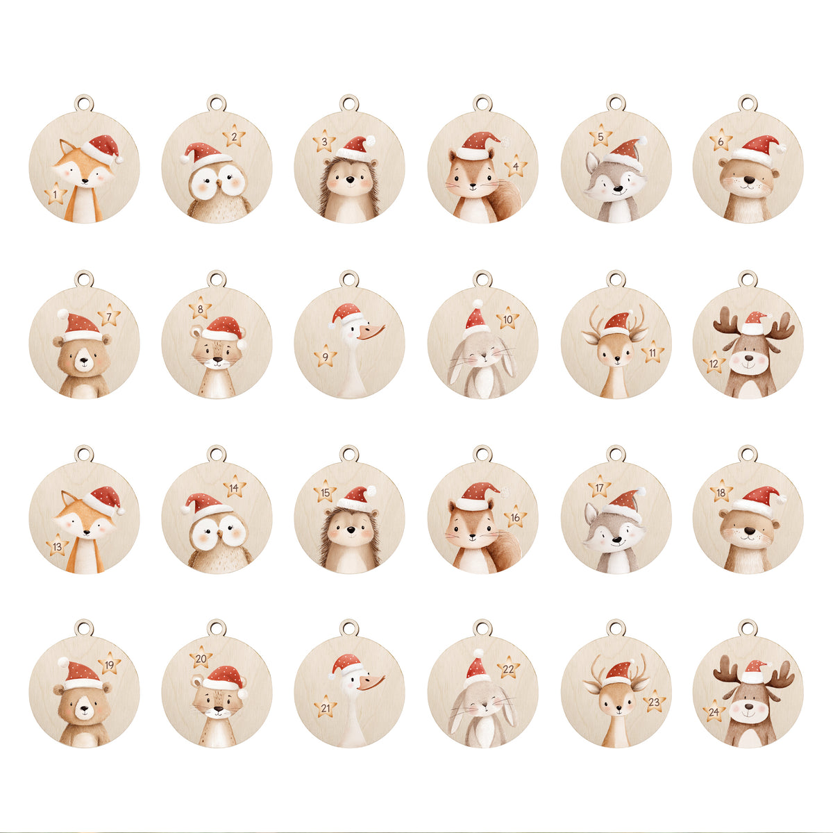24 Adventskalender Anhänger aus Holz 1-24 Holzanhänger DIY Adventskalender Selbst Befüllen für Kinder – Tierzauber
