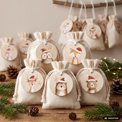 24 Adventskalender Anhänger aus Holz 1-24 Holzanhänger DIY Adventskalender Selbst Befüllen für Kinder – Tierzauber