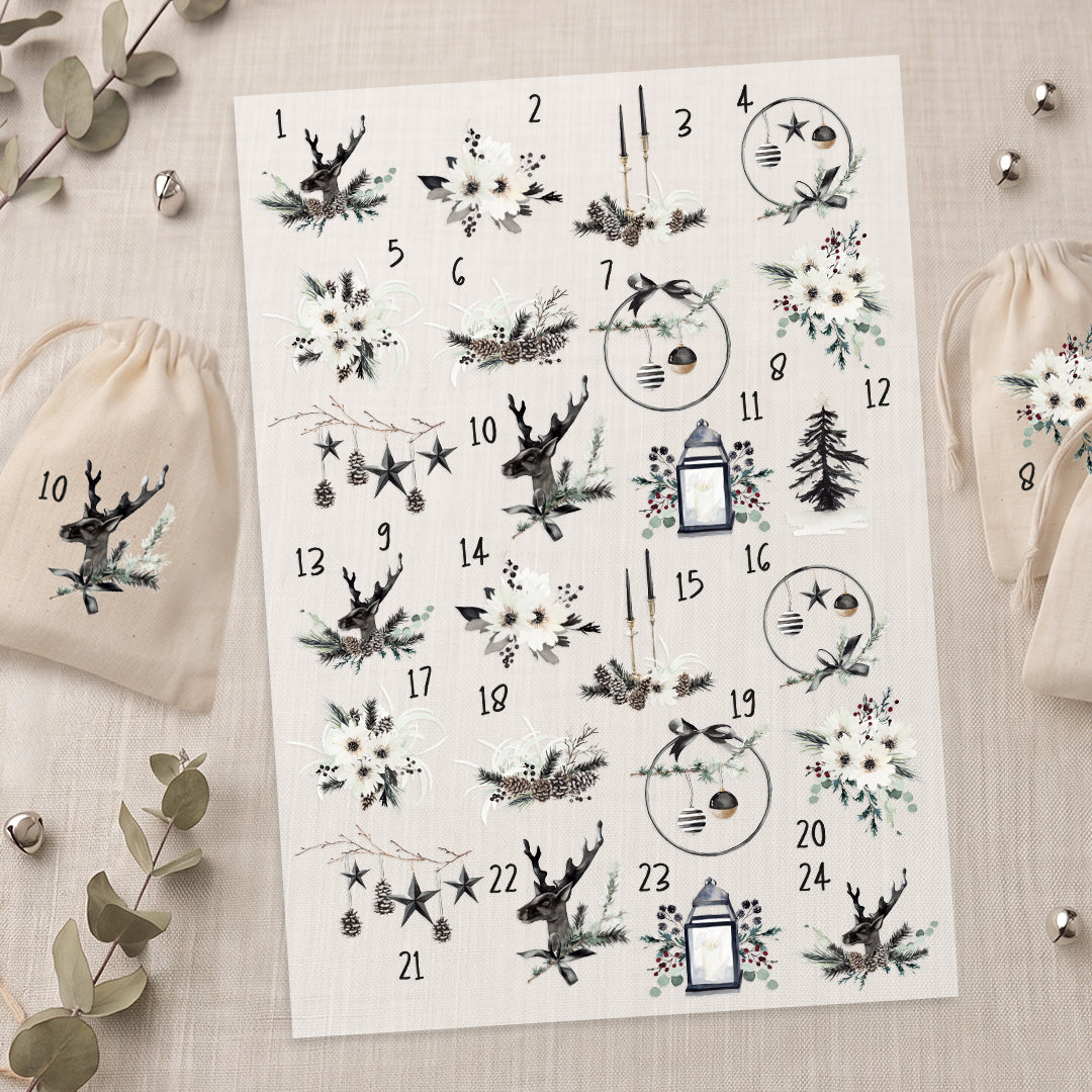 Bügelbild Adventskalender DIN A4 Folie zum Aufbügeln 1-24 Zahlen DIY Adventskalender Selbstgemacht Männer Frauen Black Christmas