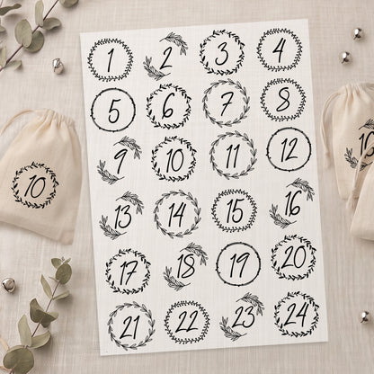 Bügelbild Adventskalender DIN A4 Folie zum Aufbügeln 1-24 Zahlen DIY Adventskalender Selbstgemacht Männer Frauen Kinder Kränze