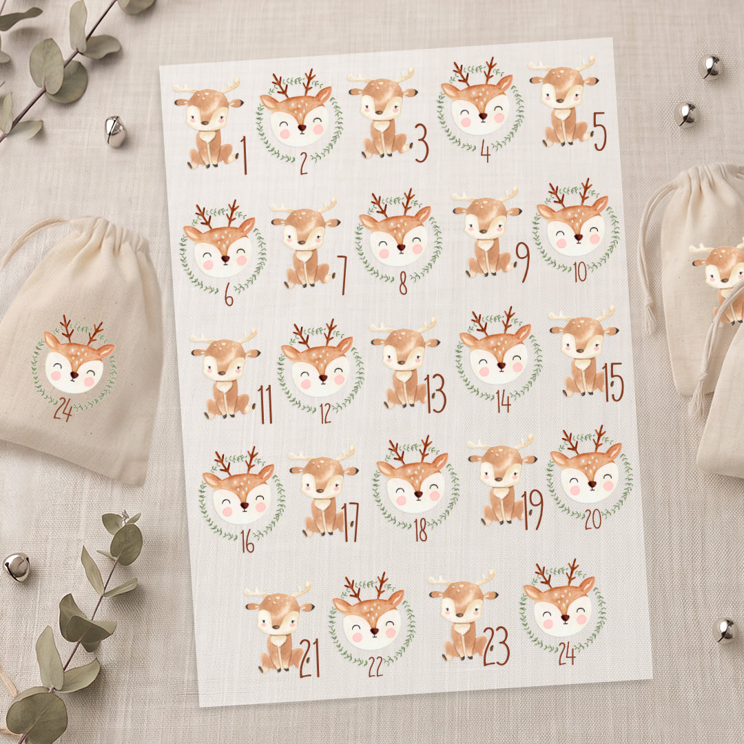 Bügelbild Adventskalender Tiere DIN A4 Folie zum Aufbügeln 1-24 Zahlen DIY Adventskalender Selbstgemacht Kinder Rentier
