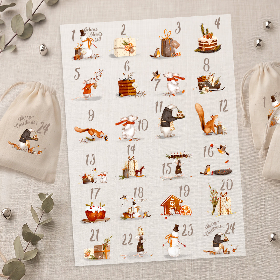 Bügelbild Adventskalender Tiere DIN A4 Folie zum Aufbügeln 1-24 Zahlen DIY Adventskalender Selbstgemacht Kinder Tierische Weihnachten