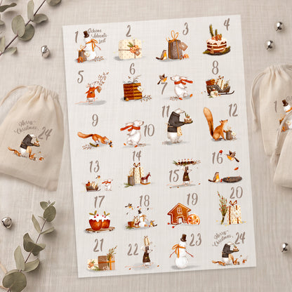 Bügelbild Adventskalender Tiere DIN A4 Folie zum Aufbügeln 1-24 Zahlen DIY Adventskalender Selbstgemacht Kinder Tierische Weihnachten