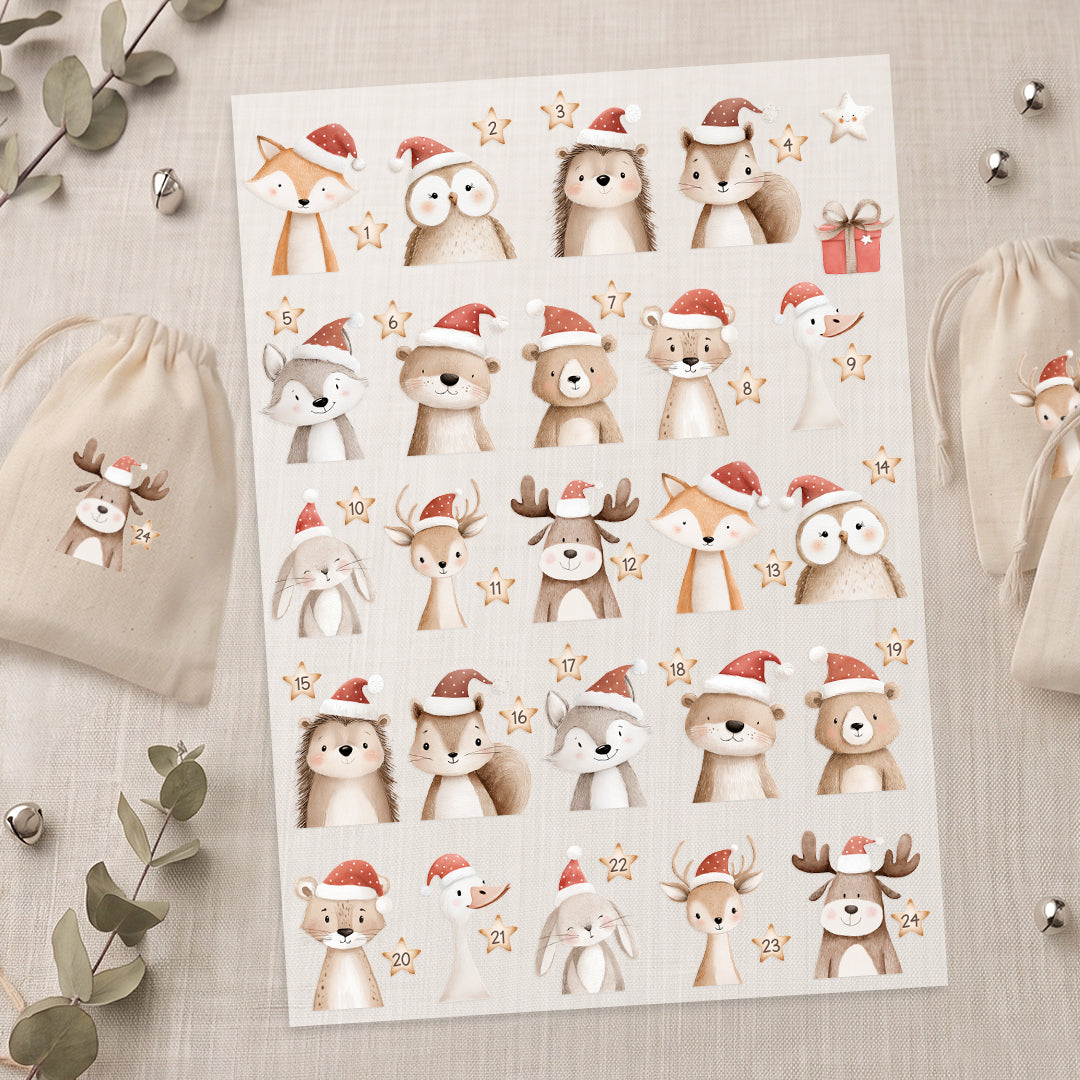 Bügelbild Adventskalender Tiere DIN A4 Folie zum Aufbügeln 1-24 Zahlen DIY Adventskalender Selbstgemacht Kinder Tierzauber
