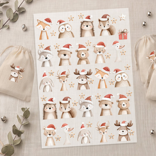 Bügelbild Adventskalender Tiere DIN A4 Folie zum Aufbügeln 1-24 Zahlen DIY Adventskalender Selbstgemacht Kinder Tierzauber