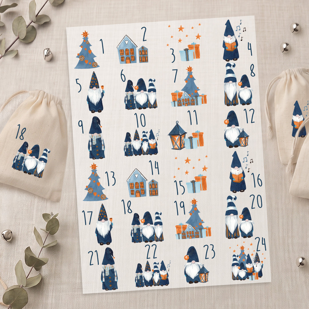 Bügelbild Adventskalender Wichtel DIN A4 Folie zum Aufbügeln 1-24 Zahlen DIY Adventskalender Selbstgemacht Kinder Weihnachtswichtel