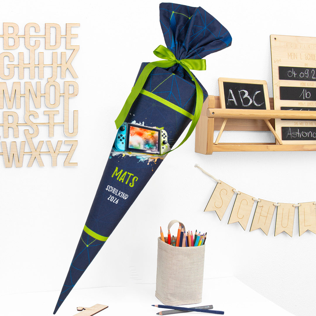 Deine Schultüte aus Stoff mit Wunschname - Jungs Modell 1 - 85 cm