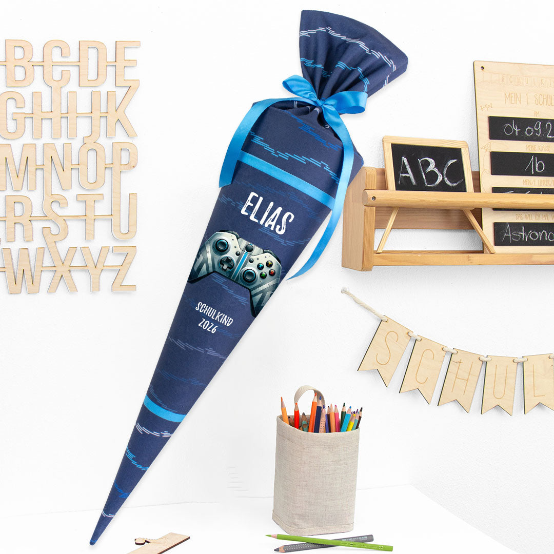 Deine Schultüte aus Stoff mit Wunschname - Jungs Modell 7 - 85 cm