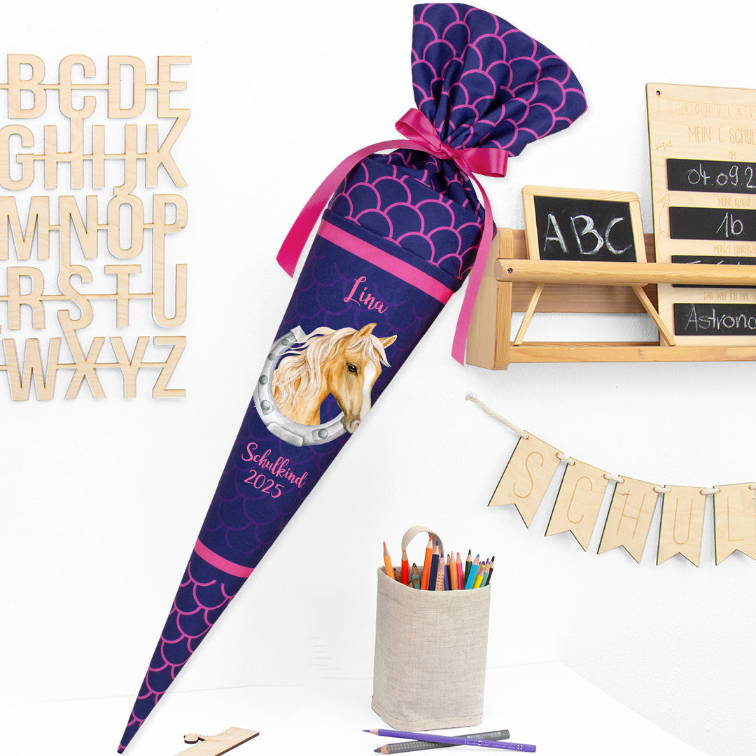 Deine Schultüte aus Stoff Kuschel Velvet Wunschmotiv individualisierbar mit Wunschname personalisierbar - Mädchen Modell 1 - 70 cm