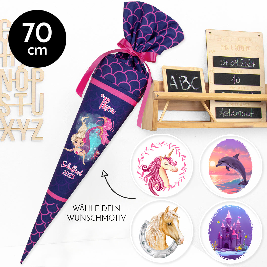 Deine Schultüte aus Stoff Kuschel Velvet Wunschmotiv individualisierbar mit Wunschname personalisierbar - Mädchen Modell 1 - 70 cm