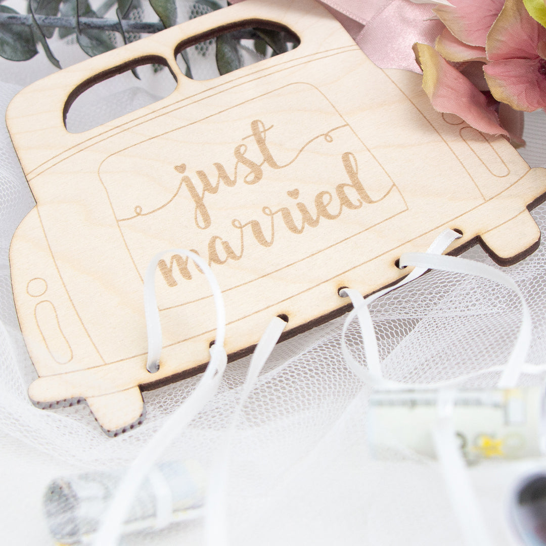 Geschenkkarte - Holz - Geldgeschenk Hochzeit -  Auto - Just married