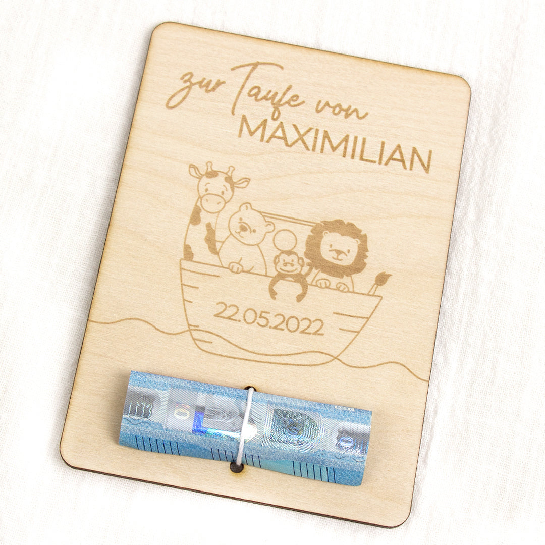 Geschenkkarte - Holz - Geldgeschenk Taufe - Arche Noah - Wunschname