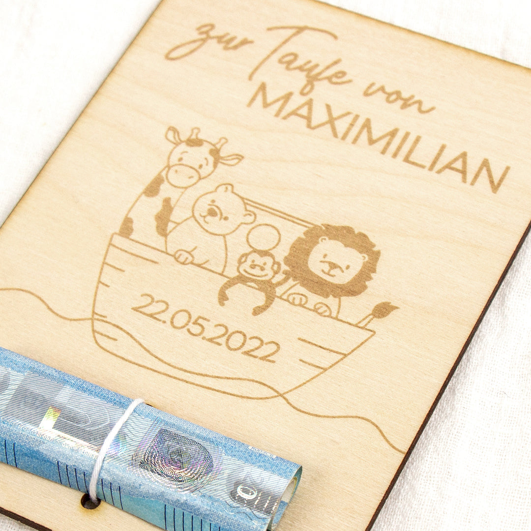 Geschenkkarte - Holz - Geldgeschenk Taufe - Arche Noah - Wunschname