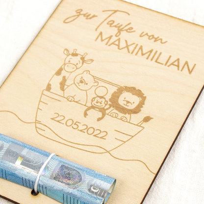 Geschenkkarte - Holz - Geldgeschenk Taufe - Arche Noah - Wunschname