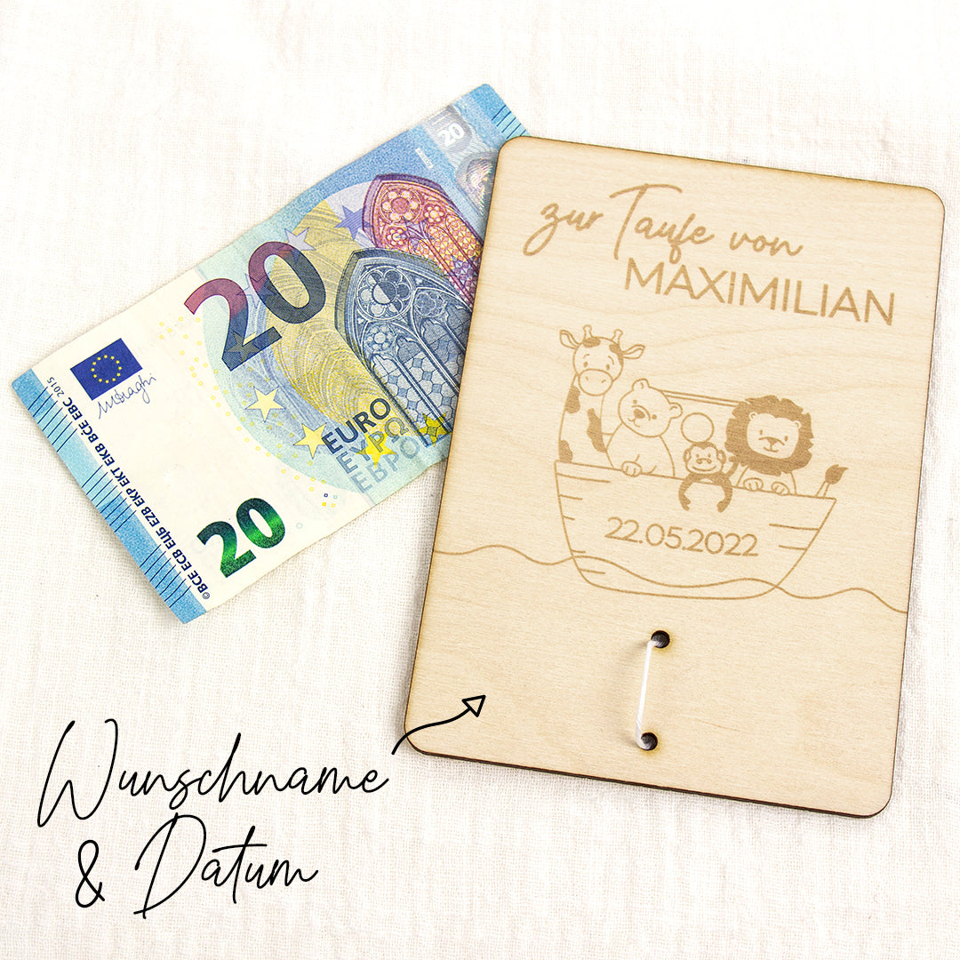 Geschenkkarte - Holz - Geldgeschenk Taufe - Arche Noah - Wunschname