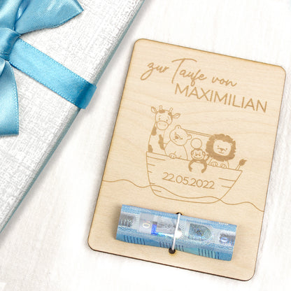 Geschenkkarte - Holz - Geldgeschenk Taufe - Arche Noah - Wunschname