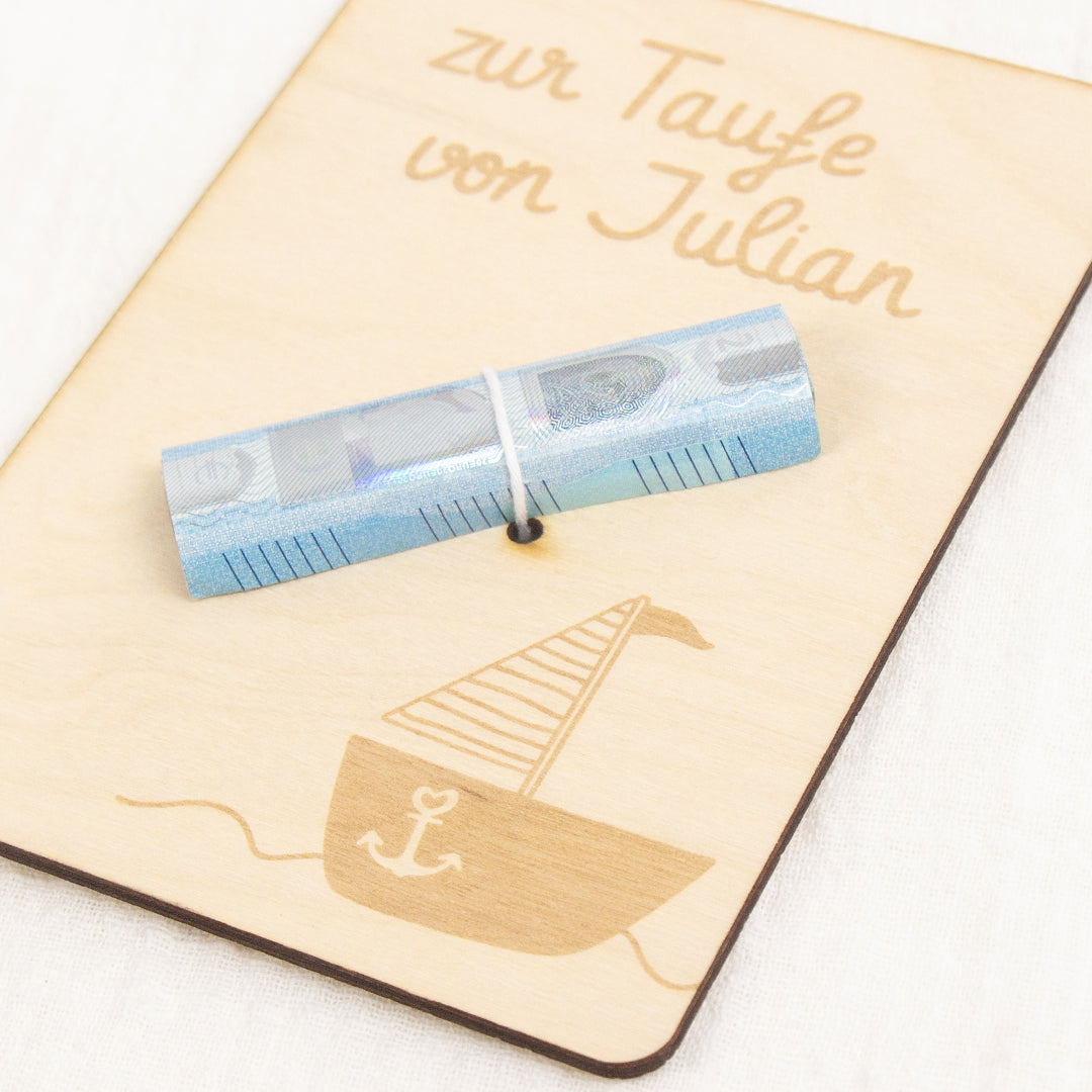 Geschenkkarte - Holz - Geldgeschenk Taufe - Boot - Wunschname