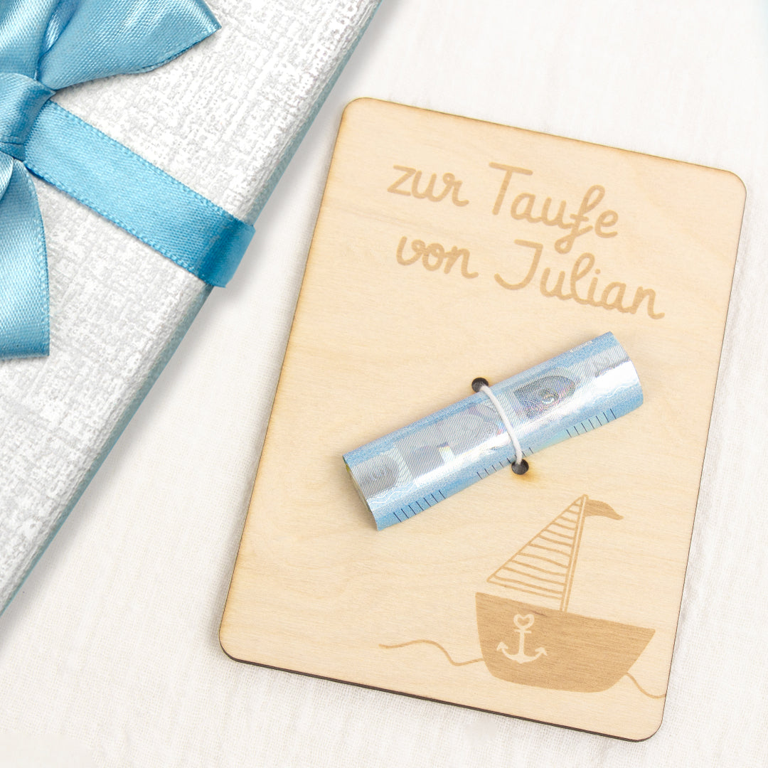 Geschenkkarte - Holz - Geldgeschenk Taufe - Boot - Wunschname