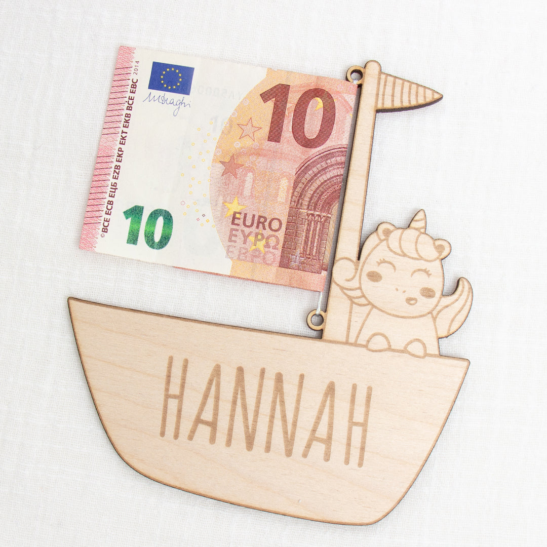 Geschenkkarte - Holz - Geldgeschenk Taufe - Einhorn - Wunschname