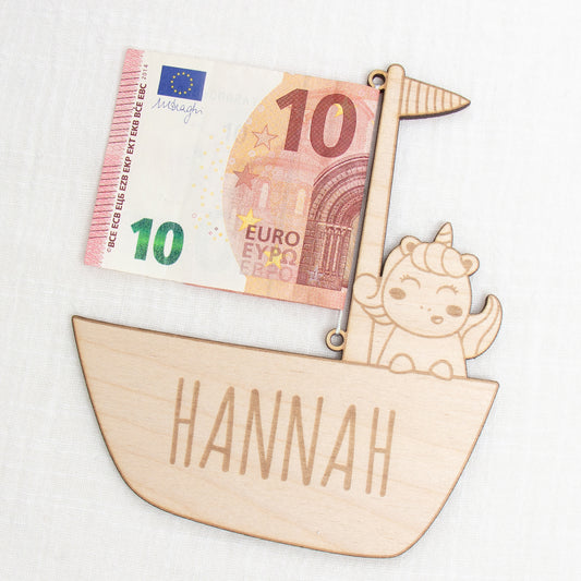 Geschenkkarte - Holz - Geldgeschenk Taufe - Einhorn - Wunschname