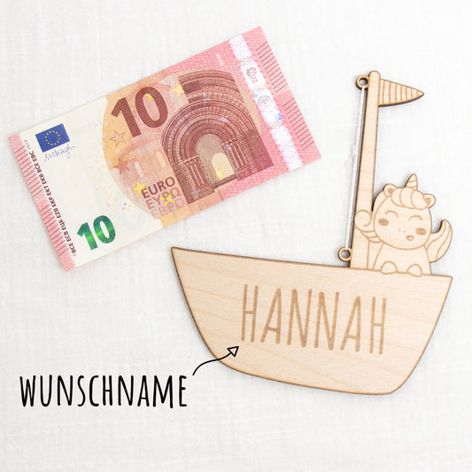 Geschenkkarte - Holz - Geldgeschenk Taufe - Einhorn - Wunschname