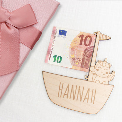 Geschenkkarte - Holz - Geldgeschenk Taufe - Einhorn - Wunschname