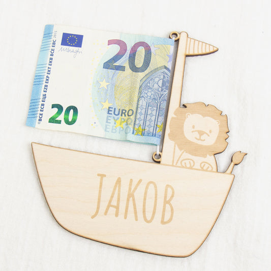Geschenkkarte - Holz - Geldgeschenk Taufe - Löwe - Wunschname