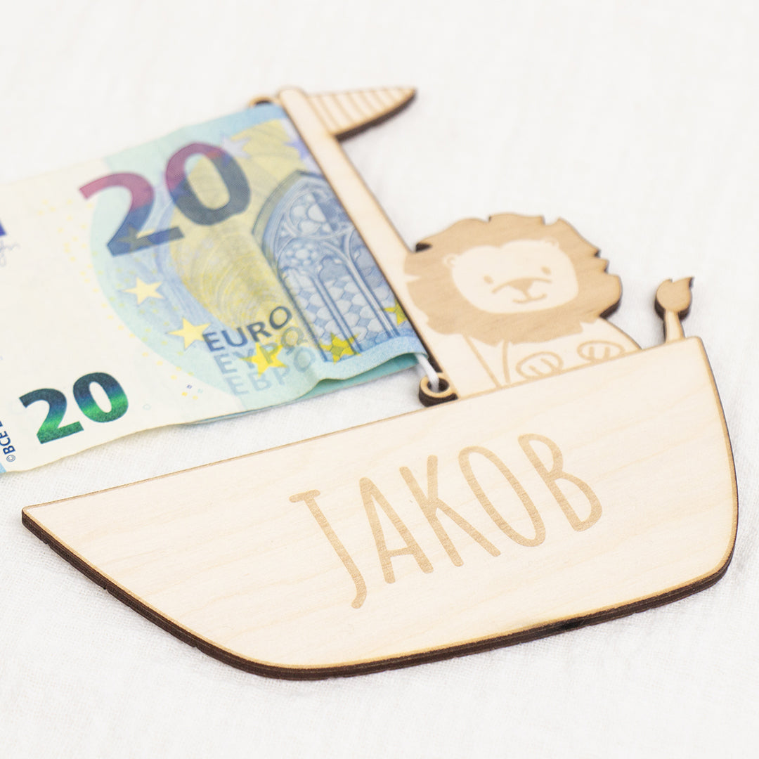 Geschenkkarte - Holz - Geldgeschenk Taufe - Löwe - Wunschname