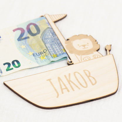 Geschenkkarte - Holz - Geldgeschenk Taufe - Löwe - Wunschname