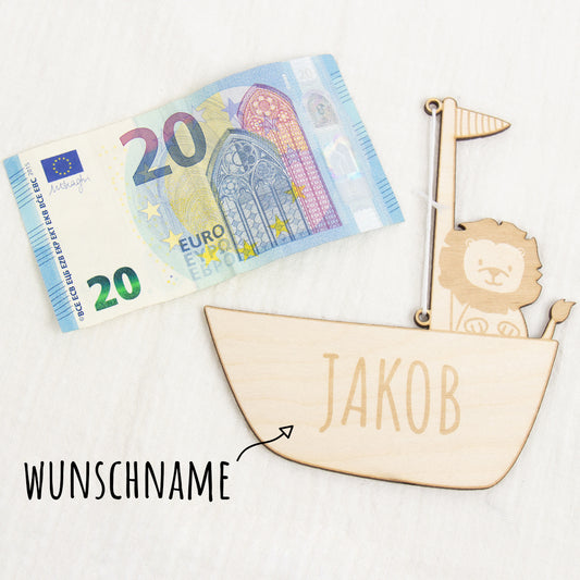 Geschenkkarte - Holz - Geldgeschenk Taufe - Löwe - Wunschname