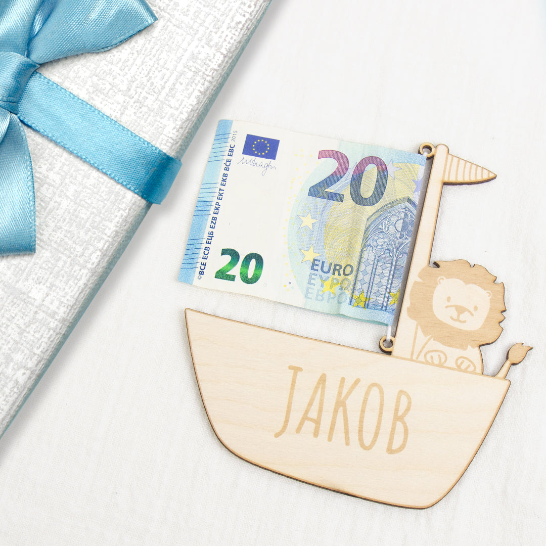 Geschenkkarte - Holz - Geldgeschenk Taufe - Löwe - Wunschname