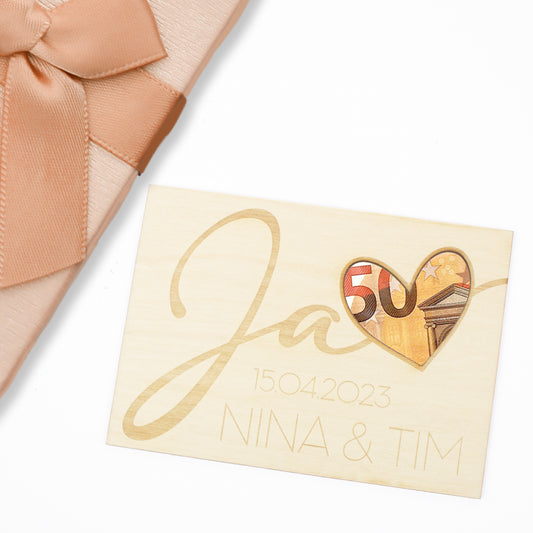 Geschenkkarte - Holz - Geldgeschenk Hochzeit -  Ja - Wunschname