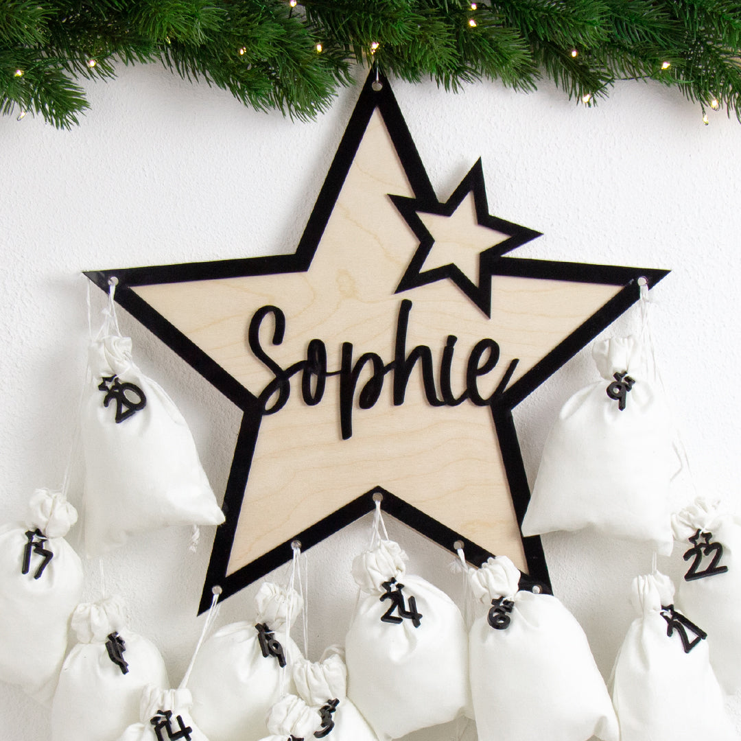 Adventskalender | Holz | Stern | Acryl schwarz | personalisierbar