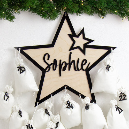 Adventskalender | Holz | Stern | Acryl schwarz | personalisierbar