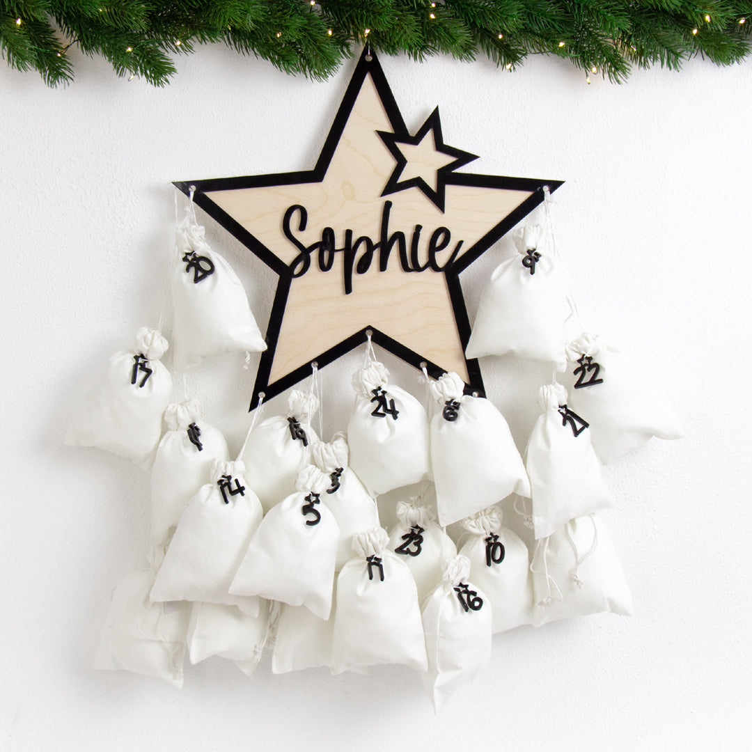 Adventskalender | Holz | Stern | Acryl schwarz | personalisierbar