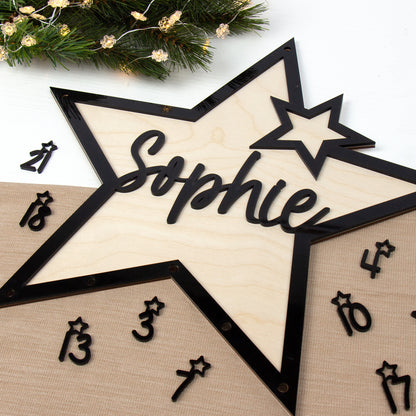 Adventskalender | Holz | Stern | Acryl schwarz | personalisierbar