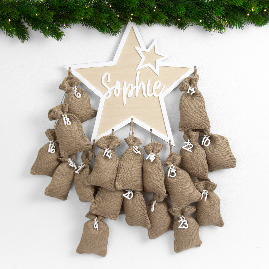 Adventskalender | Holz | Stern | Acryl weiß | personalisierbar