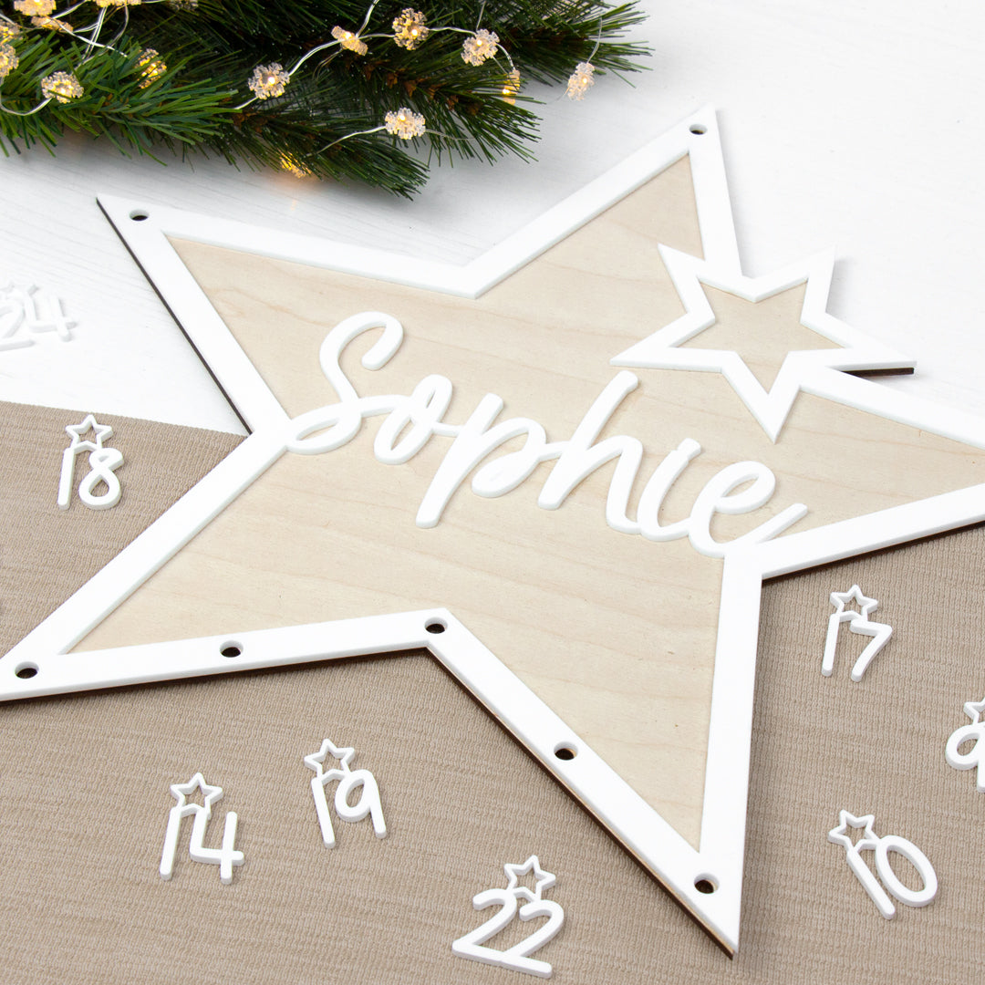 Adventskalender | Holz | Stern | Acryl weiß | personalisierbar