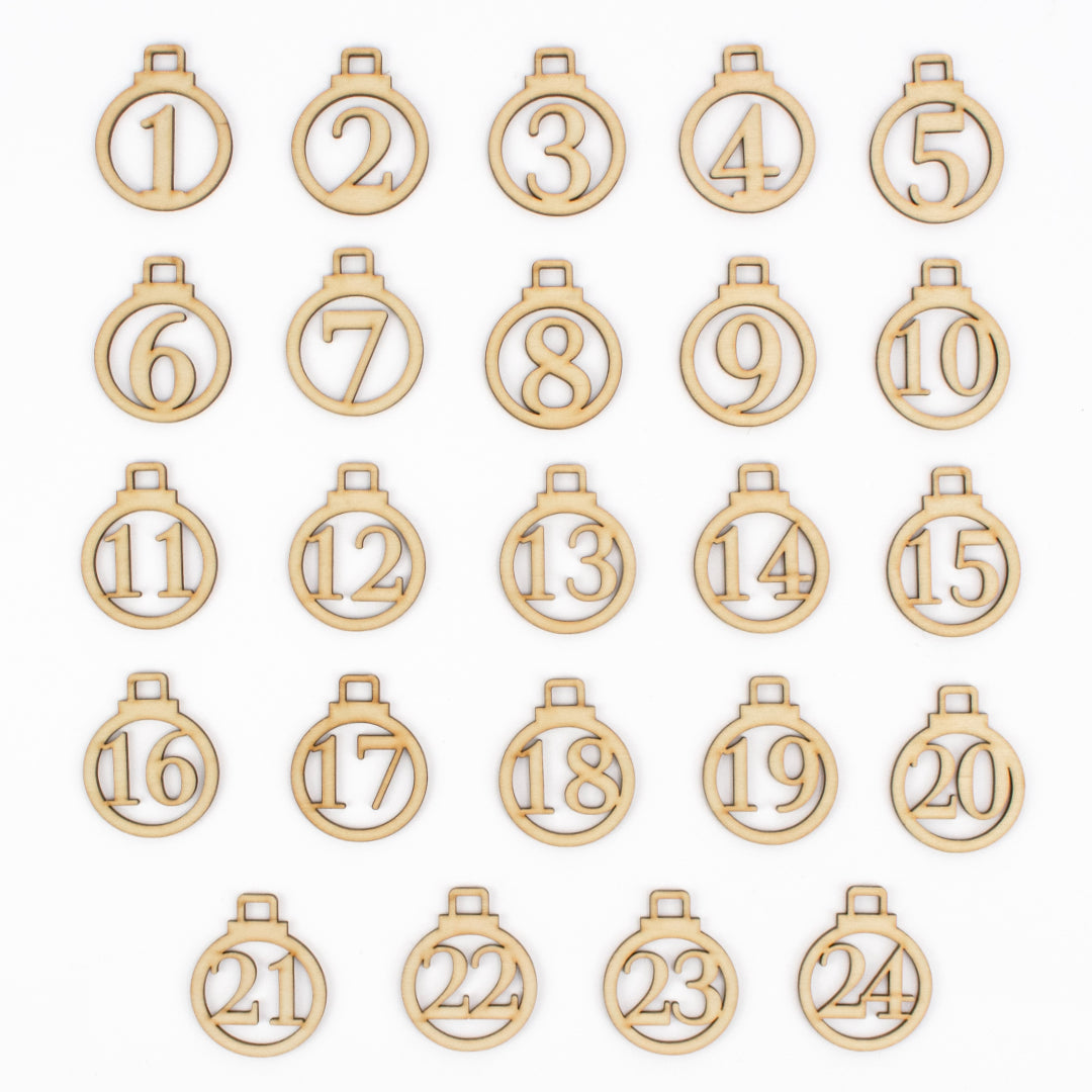 Adventskalender Zahlen Anhänger 1-24 zum Basteln Adventskalendersäckchen Nummern Kugeln Holz