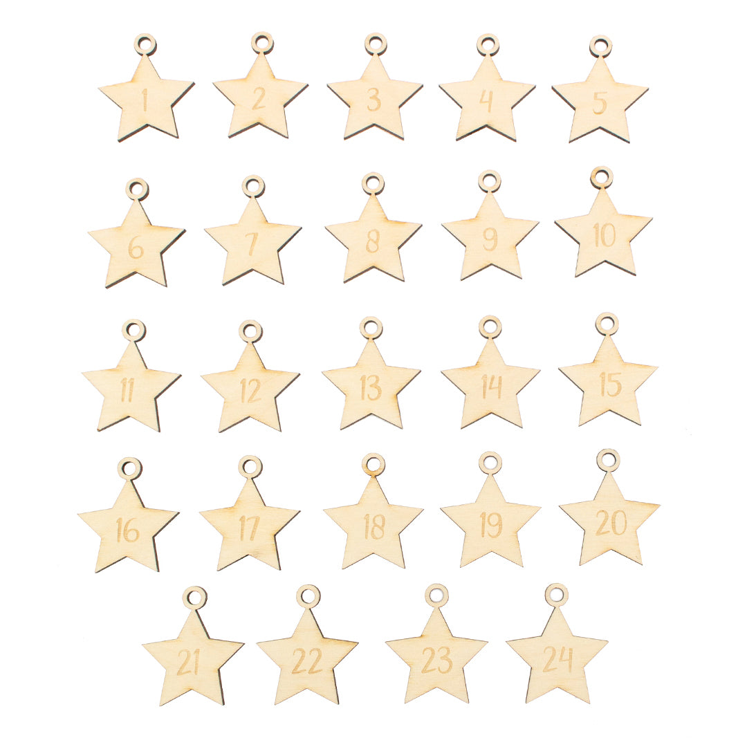Adventskalender Zahlen Anhänger 1-24 zum Basteln Adventskalendersäckchen Nummern Sterne Holz