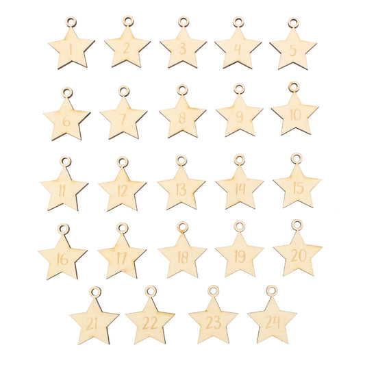 Adventskalender Zahlen Anhänger 1-24 zum Basteln Adventskalendersäckchen Nummern Sterne Holz